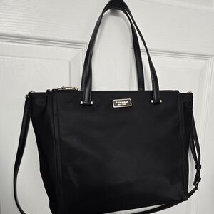 Kate Spade New York Dawn medium satchel bag in black nylon with leather trim